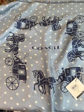 Coach BlueBell and Navy w Polka Dots & Carriage 100% Silk Scarf NWT HTF Sold Out